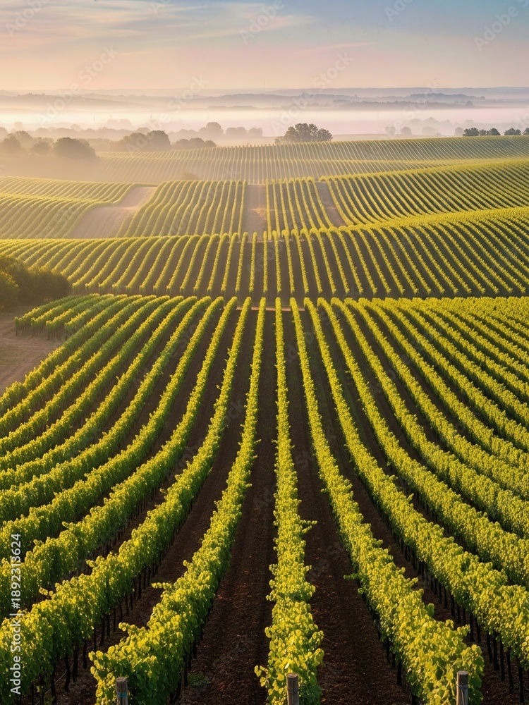 Obraz premium Rolling vineyard rows at sunrise with mist creating peaceful rural landscape