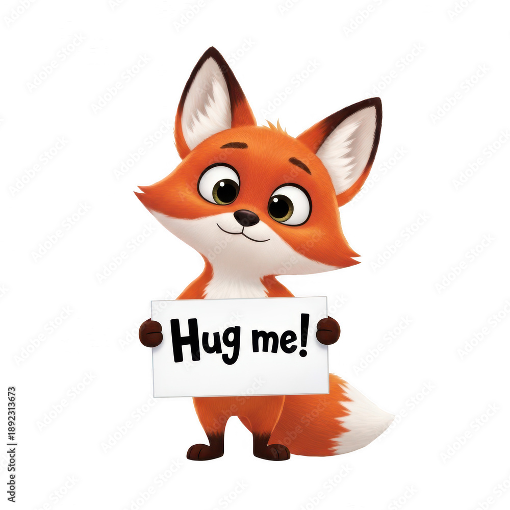 Obraz premium Adorable cartoon fox holding a hug me sign isolated on transparent background