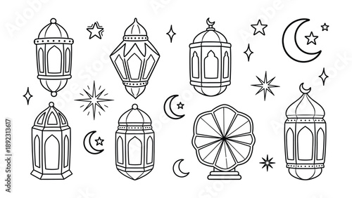 Luminous Lanterns and Celestial Embellishments:  An array of intricately designed lanterns paired with celestial elements creates a festive and decorative arrangement.