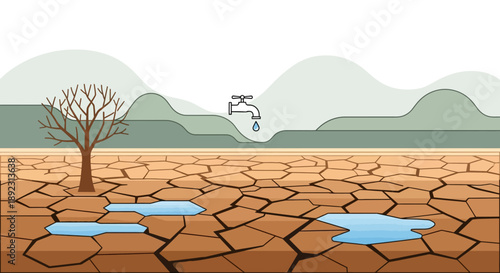 Drought landscape with dry tree and dripping faucet