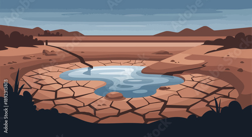 Desert drought landscape with dry cracked earth and small pool