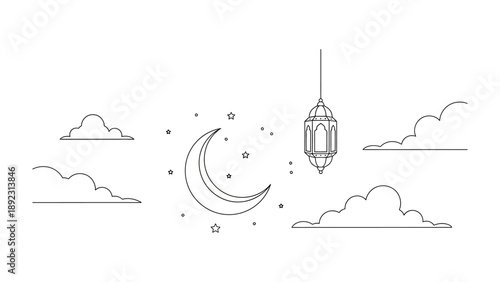 Celestial Serenity: An artistic depiction of the serene night sky, featuring a radiant crescent moon and a delicate lantern, all enveloped by gentle clouds and twinkling stars.