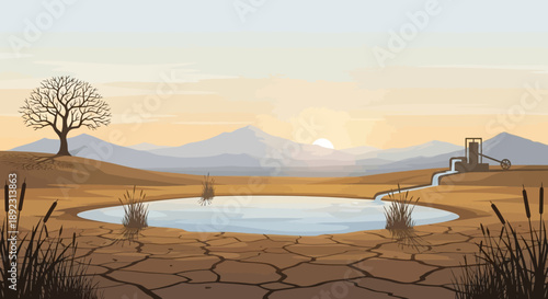 Desert landscape with dry cracked earth and small pond