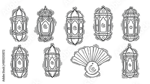 Decorative Lanterns and Fan : An intricate illustration of an array of ornate lanterns, alongside a detailed fan, offering a glimpse into a celebration.