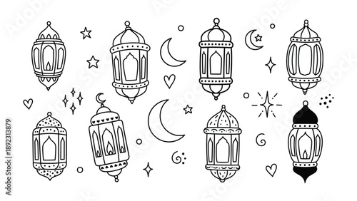 Artistic lanterns illustration: A collection of exquisitely drawn lanterns and celestial elements such as moon and star. Embellished with creative touch. Capturing the celebration spirit