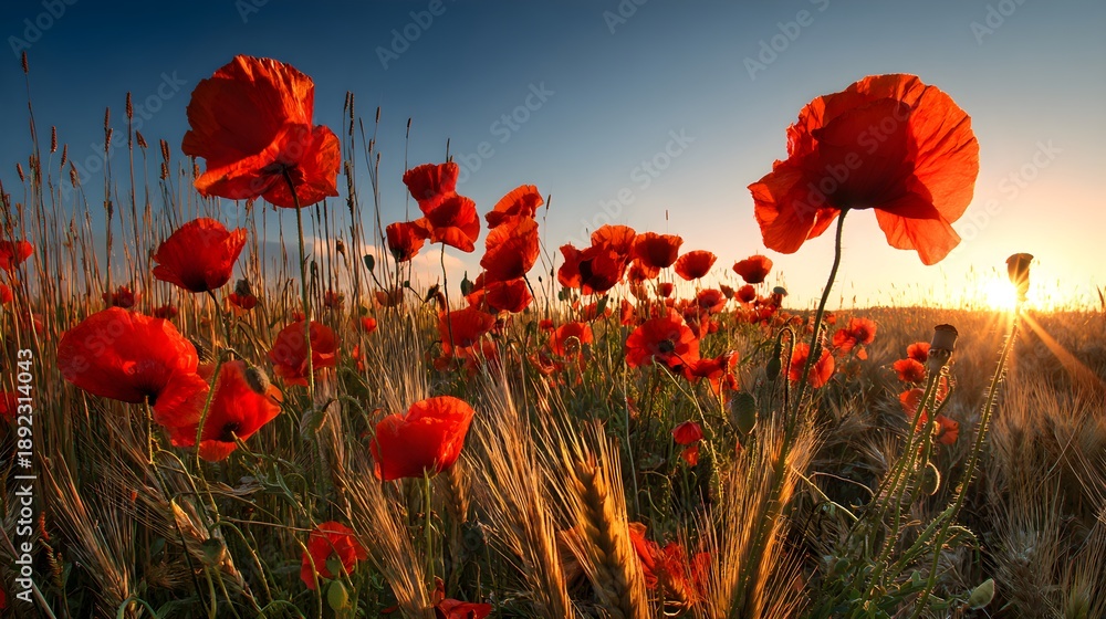 Fototapeta premium Vibrant red poppies bloom in a golden wheat field at sunset with clear blue sky and warm sunlight