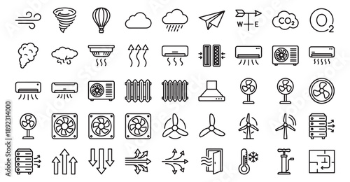 Airflow, Ventilation and HVAC line icon set. Vector pictograms of air conditioning, heating, fans, wind, temperature, clouds, and natural elements, thin linear illustration.

