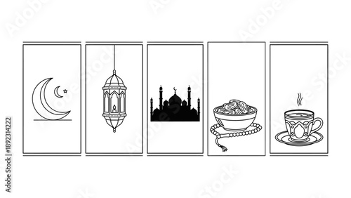 Islamic Design:  A captivating artwork features iconic elements of Islamic culture, elegantly presented in a minimalistic monochrome palette. 