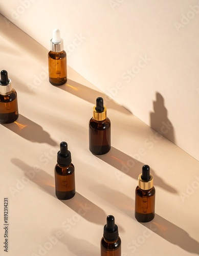 A collection of amber glass bottles with dropper lids