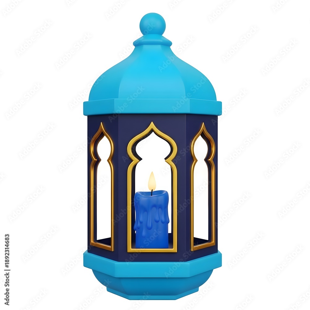 Obraz premium Blue 3D Islamic Lantern: Hexagonal fanous with gold trim and blue candle light, Ramadan decoration, Eid Mubarak lighting, traditional oriental lamp and religious ambiance concept