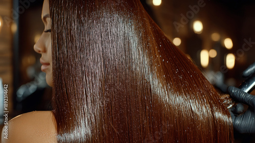 Client getting a keratin hair smoothing treatment