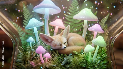 Fantasy Fox Illustration in Magical Mushroom Terrarium, Fantasy Fox Dreamy Art with Glowing Mushrooms, Fantasy Fox Sleeping in Star Glass Jar, fantasy fox, magical illustration, glowing mushrooms