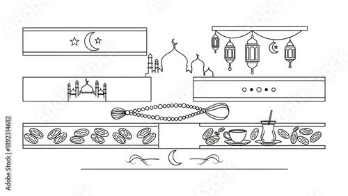 Ramadan Celebration Icons: Intricate line art depicts essential symbols of Ramadan, a celebration of Islamic faith, emphasizing spirituality, unity, and tradition.