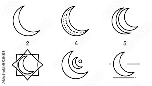 Lunar Phase Progression: A collection of stylized crescent moons showcase the phases of lunar evolution, depicting the gradual transformation of the celestial body. 