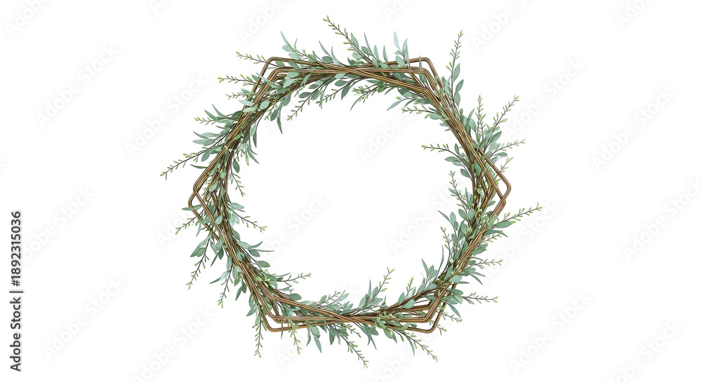 Fototapeta premium Hexagonal Wreath with Greenery and Gold Frame