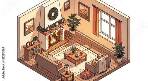 Isometric Illustration of Warm Christmas Interior with Fireplace and Decor