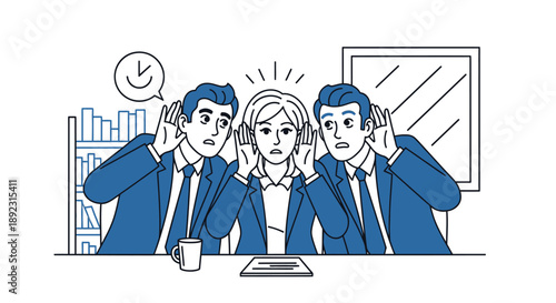 A businesswoman covers her ears, overwhelmed by noise, while two male colleagues strain to listen, depicting office communication challenges and information gathering.
