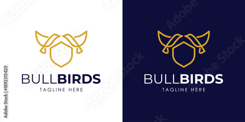 Minimalist monoline bull logo combined with birds and shield symbol