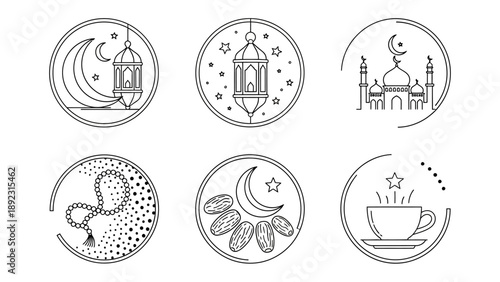 Ramadan Icons: A set of six elegant circular icons, rendered in a minimalist line art style, each depicting symbolic elements associated with the holy month of Ramadan.
