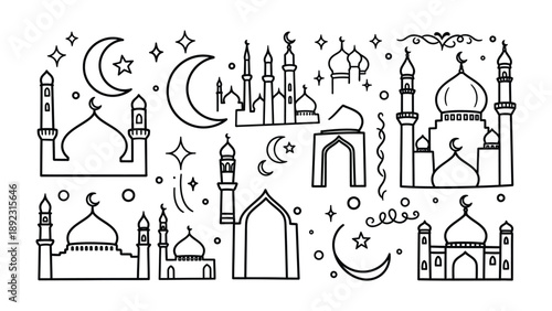 Islamic Architecture Sketch: An artistic illustration features a collection of elegant mosque outlines with crescent moons and stars, celebrating Islamic culture and art.