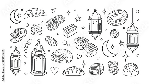 Festive Sweets & Lanterns: An array of delightful pastries and intricately designed lanterns come together, illuminated by celestial crescent moons and sparkling stars.