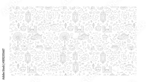 Ramadan Pattern: An intricate Ramadan-themed pattern with delicate line art elements evokes the essence of the holy month. Featuring traditional lanterns, crescent moon and other symbolic decorations