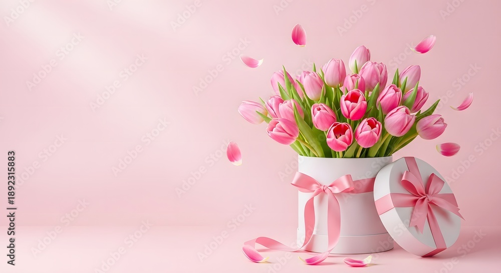 Obraz premium Beautiful pink tulips for mother's day celebration with ribbon and bouquet