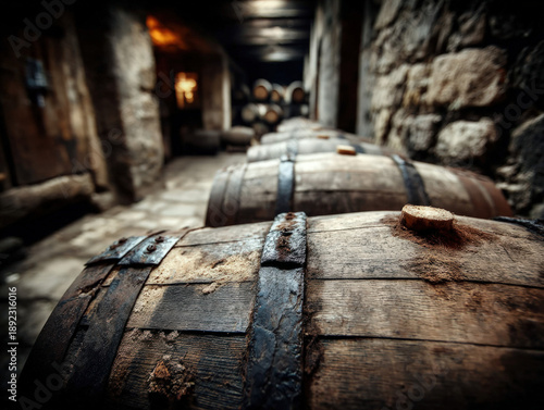 Oak wine barrel in a dark c...