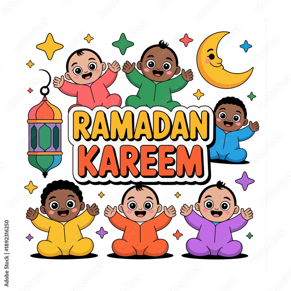 Fototapeta premium Ramadan Kareem: An illustration celebrating the holy month of Ramadan with a heartwarming design of babies, stars, a moon, and lantern. The image radiates joy, cultural warmth.