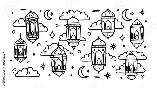 Ramadan Lanterns' Night: A serene illustration of traditional Ramadan lanterns, twinkling stars, and crescent moons adorn the night sky, symbolizing the spirit of Ramadan's peace and joy.