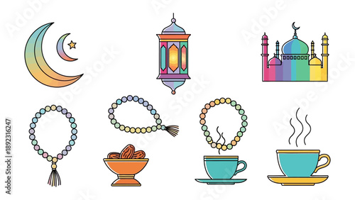 Islamic Symbolism Collection: A curated collection of symbols, each intricately designed, from the crescent moon to the sacred mosque, symbolizing the beauty of Islamic culture, faith, and tradition.