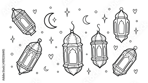 Ornamental Lanterns: Intricate, hand-drawn lanterns, symbols of light and celebration, artfully arranged with celestial elements. A display of cultural richness.