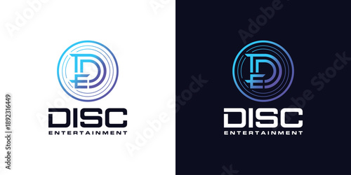 Modern DE lettermark music logo with vinyl disc and colorful gradient