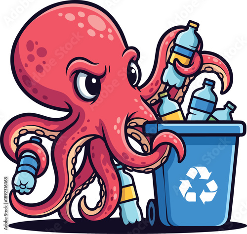 Octopus Recycling Plastic Ocean Cleanup Cartoon