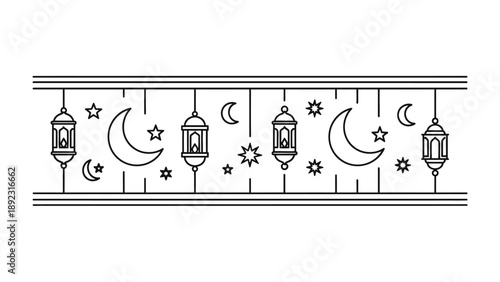 Ramadan Decorations: A minimalist graphic of decorative elements captures the essence of the Ramadan spirit. With lanterns, crescent moons, and stars in a simple, elegant style.