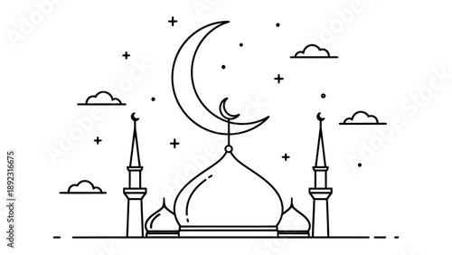 Elegant Crescent Mosque Illustration: A serene black and white illustration depicts a mosque at night under a crescent moon, evoking a sense of tranquility and spirituality.