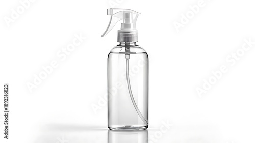 Clear plastic spray bottle mockup for cleaning or cosmetic products on white background