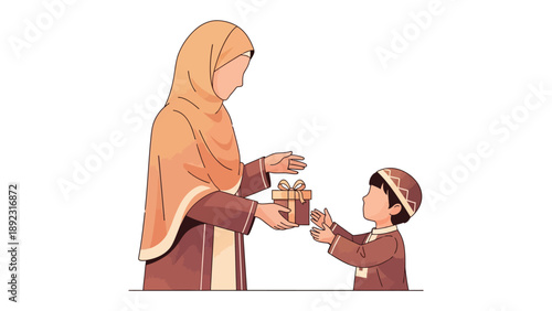 Generosity's Embrace: A tender moment unfolds as a mother offers a gift to her child, illustrating a gesture of love and sharing.