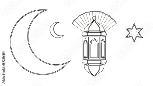 Islamic Festive Elements: Delicate illustration of moon, lantern, and star, portraying the spirit of an Islamic festival in elegant, clean lines, perfect for cultural and celebratory designs. 