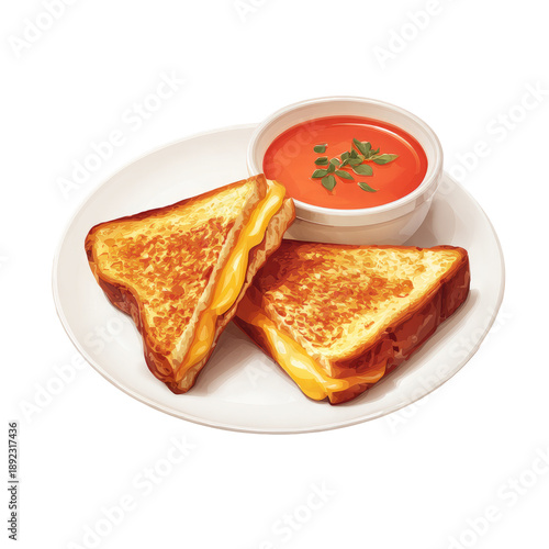 Grilled cheese sandwich with tomato soup on a white plate, warm lighting