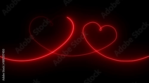 Red color neon glowing Two love hearts concepts. Valentine's Day indicate. Love One line drawing concept. love card neon glowing icon. Bright glowing neon valentines love heart symbol animation.
