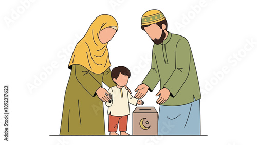 Charity with Family: An islamic family, representing tradition and faith, is shown donating into charity.