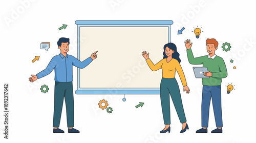 Business professionals engaging in a dynamic presentation, collaboratively brainstorming new ideas and developing strategic plans for project success and innovation