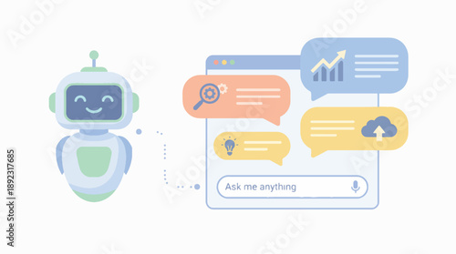 Friendly chatbot assistant interacting with user queries on a digital interface with data visualizations and cloud uploads for enhanced communication and information retrieval