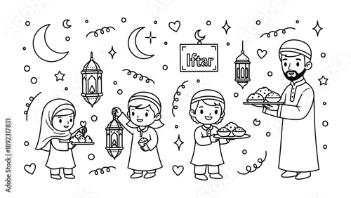 Ramadan Celebration: Illustration of a family celebrating Ramadan with moon, stars, lantern, and plates of food. A visual embodiment of Ramadan's values