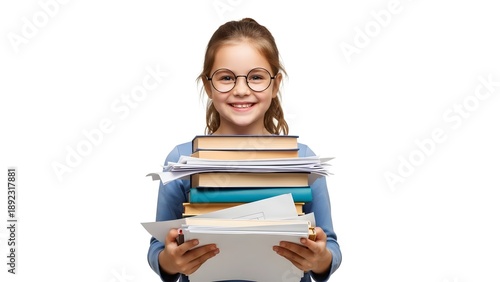 Happy Young Girl with Glasses Holding a Stack of Books and Papers
