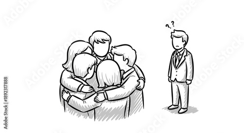 A lone businessman stands visibly surprised and excluded as a close-knit group of five individuals embrace tightly, symbolizing themes of unity and isolation.