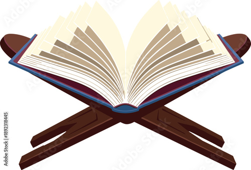 Open holy book on wooden stand illustration symbolizing religion education knowledge and spirituality isolated vector design for cultural use