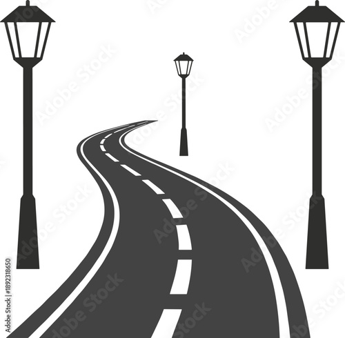 Curved road with street lamps illustration, minimalist urban transportation concept, modern city infrastructure design, black and white vector background