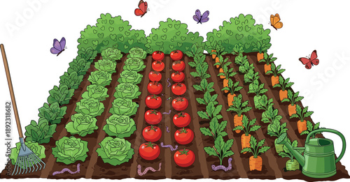 Organic vegetable garden illustration with tomato carrot lettuce rows, butterflies worms tools, eco farming concept, flat colorful vector design